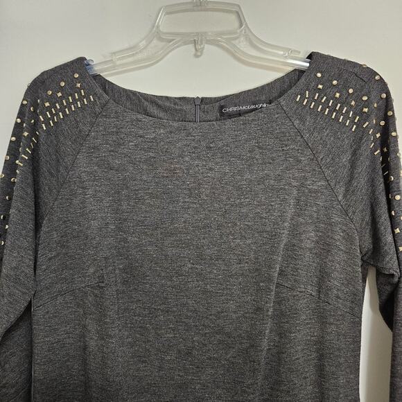CHRIS McLAUGHLIN Charcoal Sheath Career Dress w/Brass Studs Lined Size 8 EUC - Picture 2 of 12